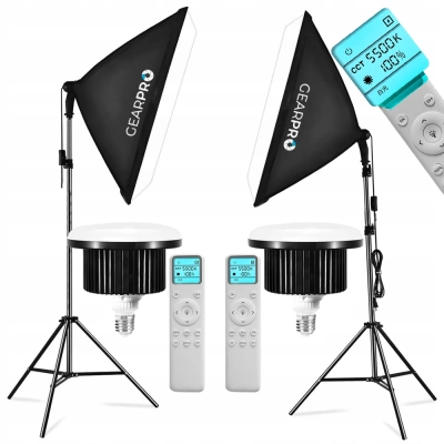 2x Statyw + 2x Softbox + 2x Żarówka Fotograficzna E27 LED 100W + Pilot LCD